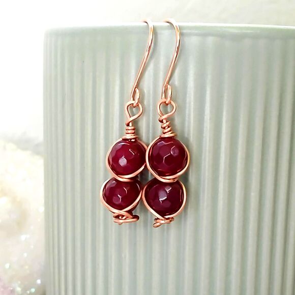 Boho Chic Garnet Crystal Dangle Earrings, Copper Gemstone Jewelry 1.5" - Picture 1 of 3